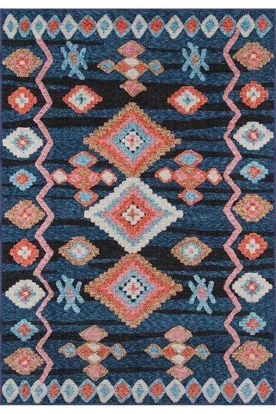 aren.HALI Borgo Geometrik Lacivert Polyester ve Pamuklu Yıkanabilir Kaydırmaz Taban Dijital Baskı Halı