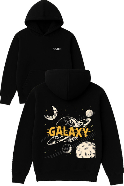 VSRN سويت شيرت جالاكسي ديزاين مطبوع قصة فضفاضة أسود بغطاء رأس
