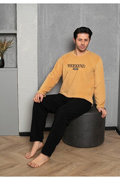 Sude Men's cold season pajamas mustard & black "WEEKEND START" - polar material