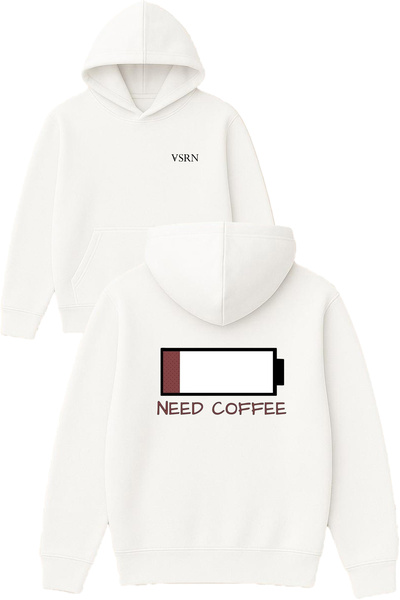 VSRN Бял овърсайз суитшърт с качулка с щампа  "Need coffee "