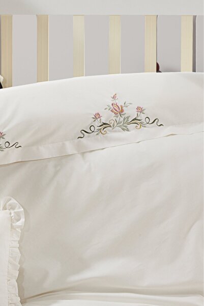 Manora 100% Cotton Pink Elegant Floral Embroidered Ruffled Baby Bedding Set