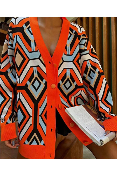 KarşıVitrin Special Design Orange Steel Mesh Knitwear Women's Cardigan