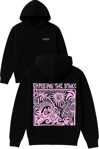 VSRN سترة تشيسينج ذا ستوك ديزاين مطبوع قصة فضفاضة سوداء بغطاء رأس