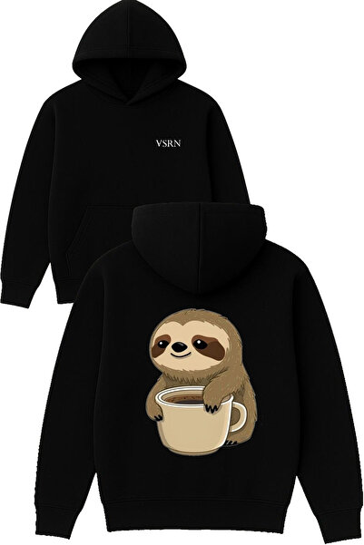 VSRN تصميم كسول يشرب القهوة مطبوع قصة فضفاضة سويت شيرت أسود بغطاء رأس