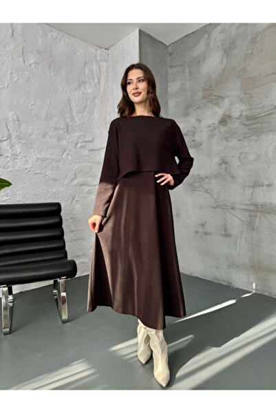 Elif Özbey Butik Kahve Bluzlu Elbise İkili Takım
