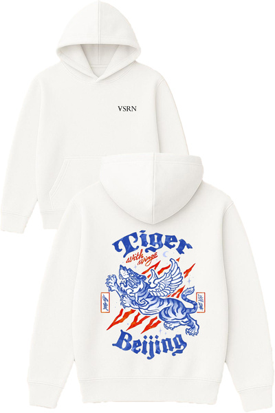 VSRN تيشيرت تايجر بكين ديزاين مطبوع قصة فضفاضة أبيض بغطاء رأس