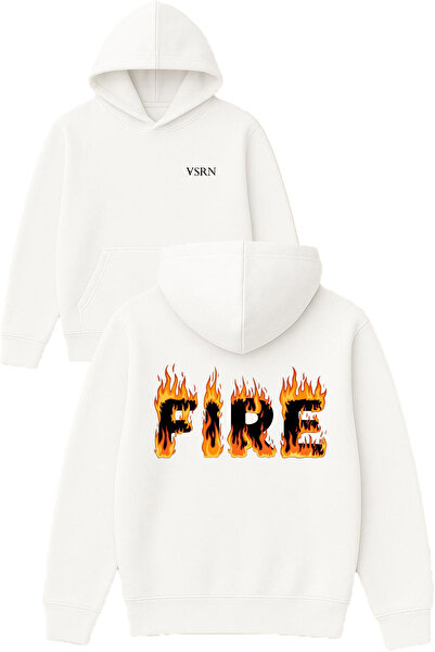 VSRN Hanorac alb supradimensionat cu glugă, cu imprimeu Fire 1 Design