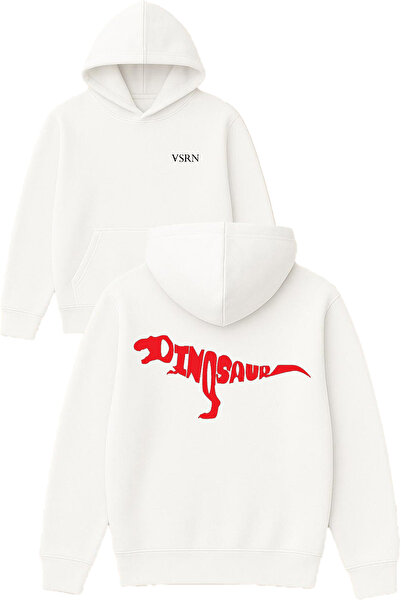 VSRN تصميم الديناصور مطبوع قصة فضفاضة سويت شيرت أبيض بغطاء رأس