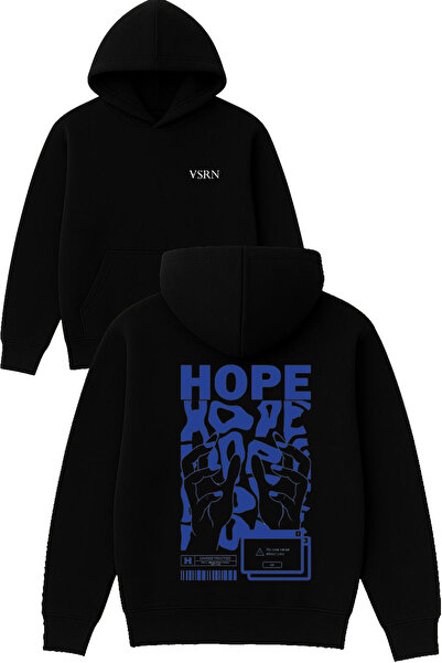 VSRN Hanorac negru supradimensionat cu glugă, cu imprimeu Blue Hope Hope Design