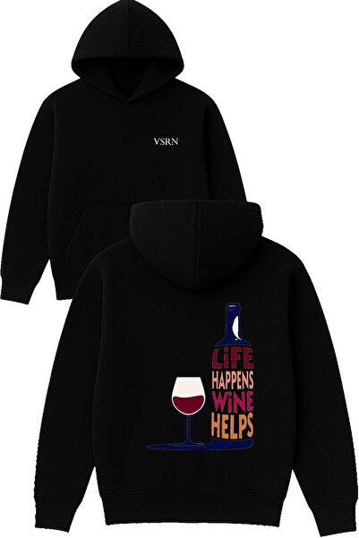 VSRN تصميم الحياة مطبوع قصة فضفاضة سويت شيرت أسود بغطاء رأس