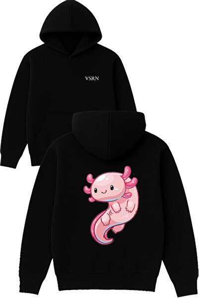VSRN تصميم السمندر الوردي مطبوع قصة فضفاضة سويت شيرت أسود بغطاء رأس