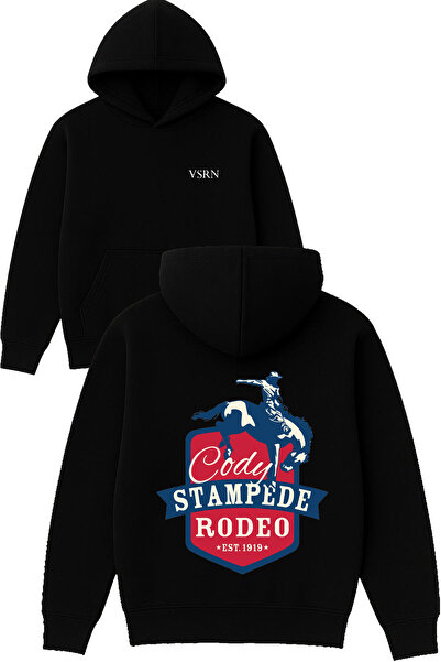 VSRN سترة كودي ستامبيد ديزاين مطبوع قصة فضفاضة باللون الأسود بغطاء رأس