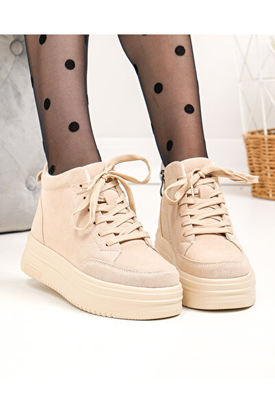 starlike Women's boots made of natural suede leather, beige T7026