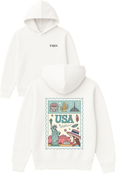 VSRN Hanorac alb supradimensionat cu glugă, cu imprimeu Usa card Design