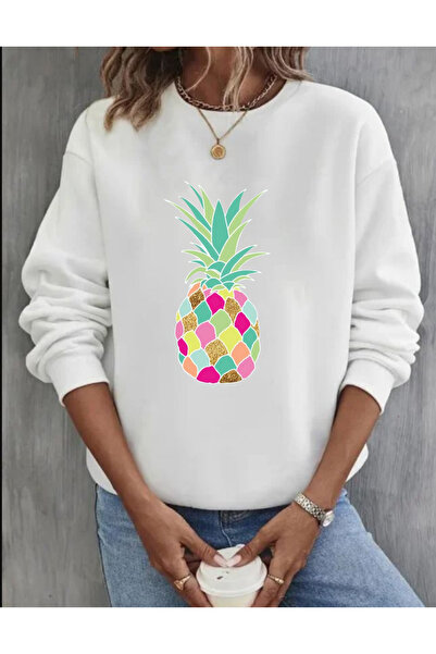 Tubinyoo Colorful Pineapple Printed Crew Neck 3-Thread Sweatshirt