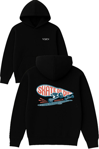 VSRN Hanorac negru supradimensionat cu glugă, cu imprimeu design Skate or Die