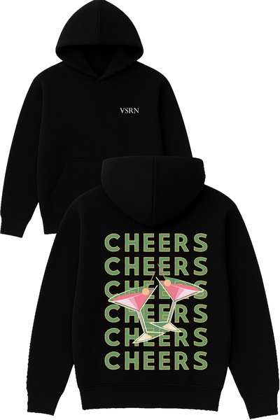 VSRN Hanorac negru supradimensionat cu glugă, cu imprimeu Cheers Cheers Design