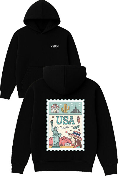 VSRN Hanorac negru supradimensionat cu glugă, cu imprimeu design Usa card