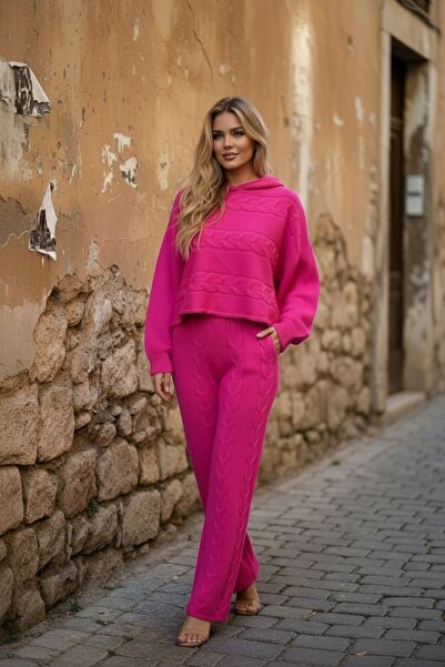 Bliss Women's Hair Braid Detailed Batwing Sleeve Knitwear Bottom-Top Set