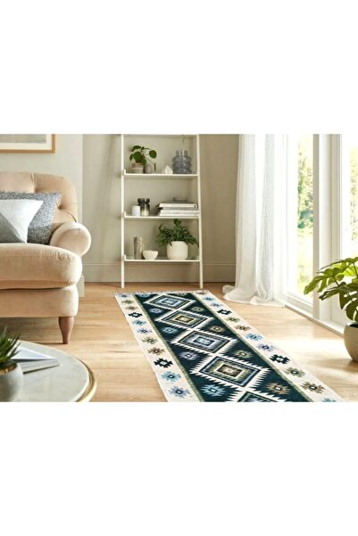 OEM Traditional jute rug, size 80 x 300 cm, green and cream, Romb model