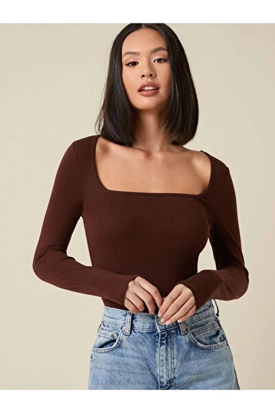 bysoca Γυναικεία μπλούζα με μακρυμάνικο μεταξωτό τζέρσεϊ με καφέ τετράγωνο λα...