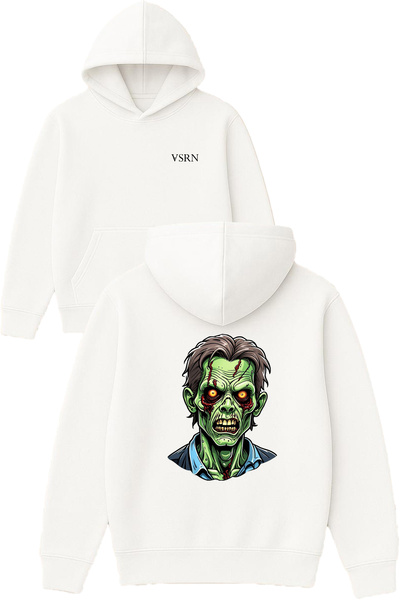 VSRN Hanorac alb supradimensionat cu glugă, imprimat cu design Zombie
