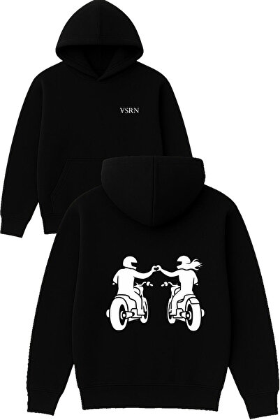 VSRN Heart-Making Motorcyclists Design Printed Oversized Black Hooded Sweatshirt