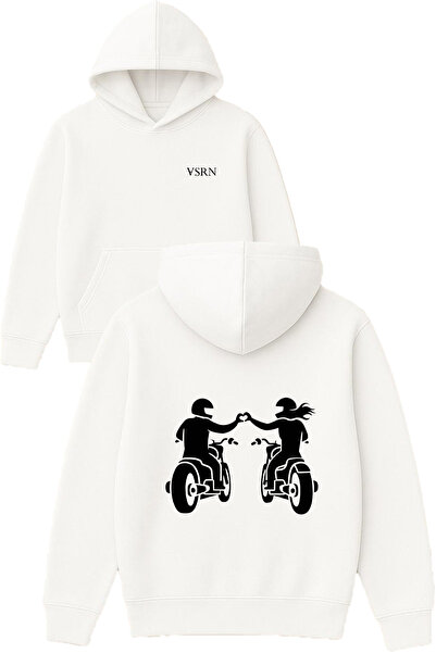 VSRN Heart-Making Motorcyclists Design Printed Oversized White Hooded Sweatshirt