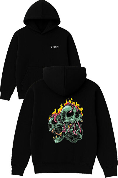 VSRN Hanorac negru supradimensionat cu glugă, cu imprimeu Burning Skulls Design