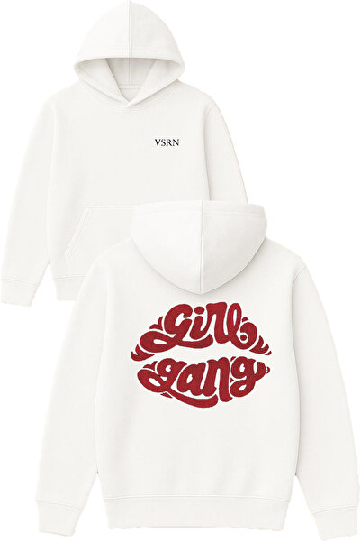 VSRN Hanorac cu glugă alb supradimensionat cu imprimeu Girl Gang Design