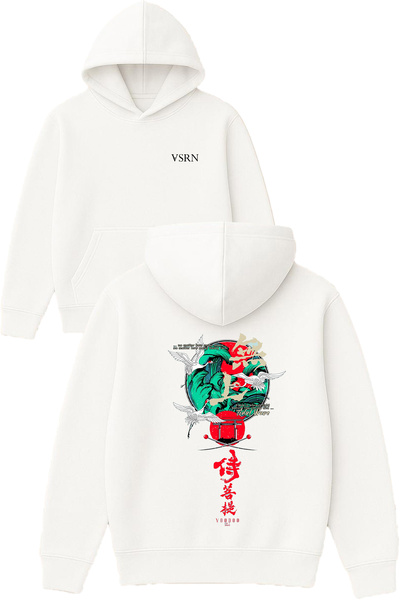 VSRN Hanorac alb supradimensionat cu glugă, imprimat cu design japonez