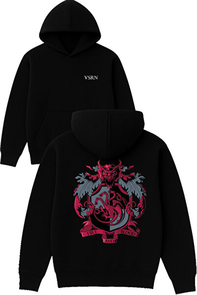 VSRN Hanorac negru supradimensionat cu glugă, cu imprimeu Fire and Blood Design