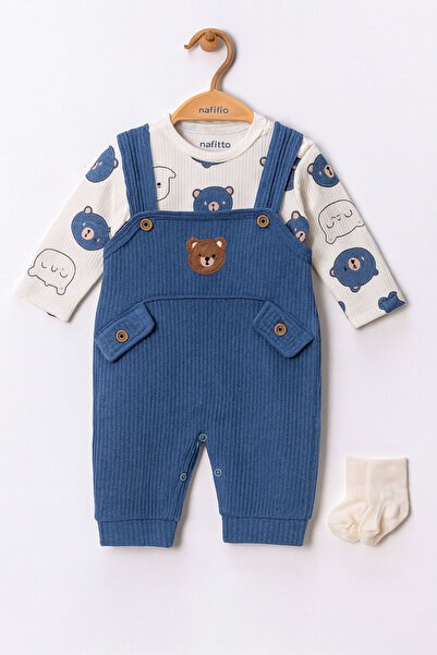 Le Touche طقم رومبير للأطفال مطرز بتصميم الدب مكون من 3 قطع مع أكمام وجيب وجو...