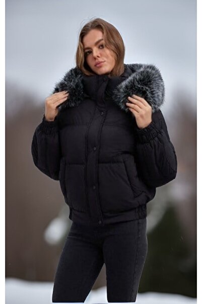 OEM Women's Black Quilted Jacket with Fur-Lined Hood, Modern Warm Winter Style, Size XL
