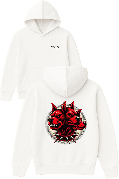 VSRN 3 Headed Dog Design Printed Oversized White Hooded Sweatshirt