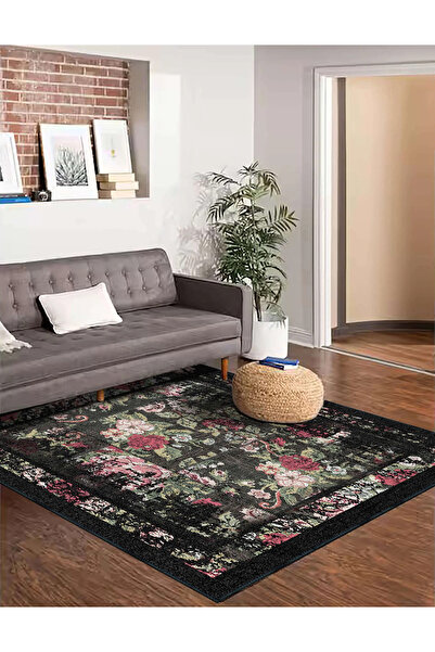 aren.HALI Born Desenli Siyah Polyester ve Pamuklu Yıkanabilir Kaydırmaz Taban...