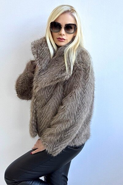 FashionForYou Haină de blană ecologică pentru femei Kalyma, cu revere și țint...