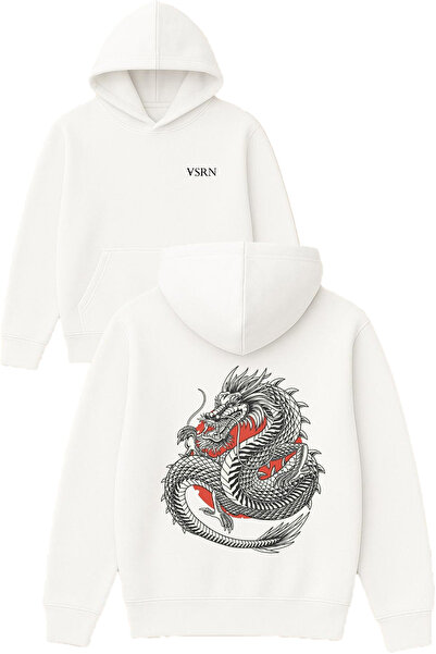 VSRN Hanorac alb supradimensionat cu glugă, cu imprimeu Dragon Japanese Design