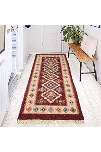 OEM Traditional jute rug, 80x300 cm, red and cream, Rhomb pattern