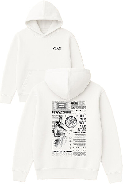 VSRN سترة المستقبل ديزاين مطبوع قصة فضفاضة بيضاء بغطاء رأس