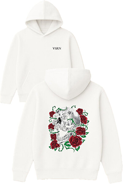 VSRN Hanorac alb supradimensionat cu glugă, cu imprimeu Rose Skeleton Design