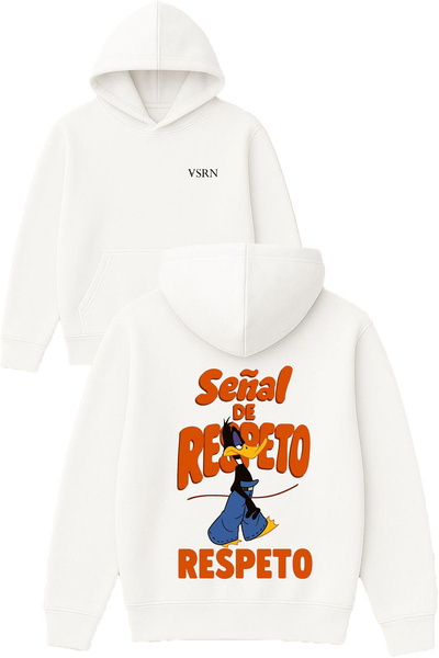 VSRN سويت شيرت Senal de respeto Design مطبوع قصة فضفاضة أبيض بغطاء رأس