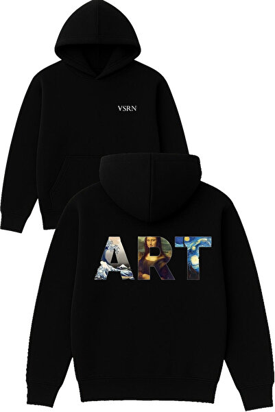 VSRN Hanorac negru supradimensionat cu glugă, imprimat cu design artistic