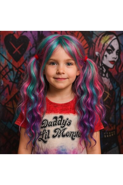 TOYFEST Harley Quinn Renkli Karışık Pembe Mor Mavi Uzun Dalgalı Sentetik Çocu...