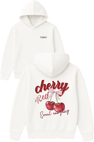 VSRN تصميم أحمر الكرز مطبوع قصة فضفاضة سويت شيرت أبيض بغطاء رأس