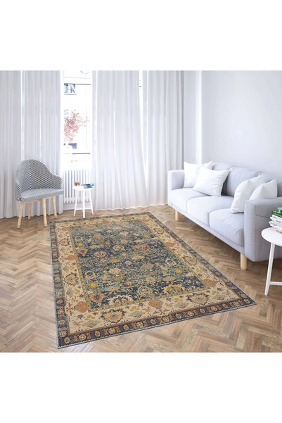 aren.HALI Marti Çerçeveli Bej Polyester ve Pamuklu Yıkanabilir Kaydırmaz Taban Dijital Baskı Halı