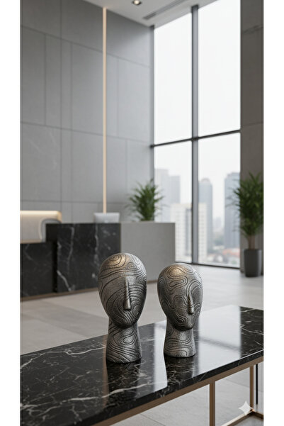 Dekoromi Dekoratif 2'li Kadın Suratı Heykel Biblo 3D El Boyaması Dekorasyon Ü...