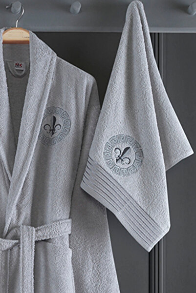 HRN Textile Alya Cotton Embroidered 2 Piece Bathrobe Set (Bathrobe + Towel)