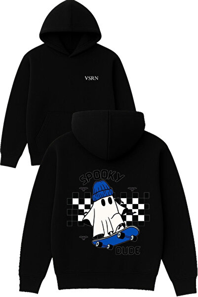 VSRN Hanorac negru supradimensionat cu glugă, cu imprimeu Spooky Dude Design