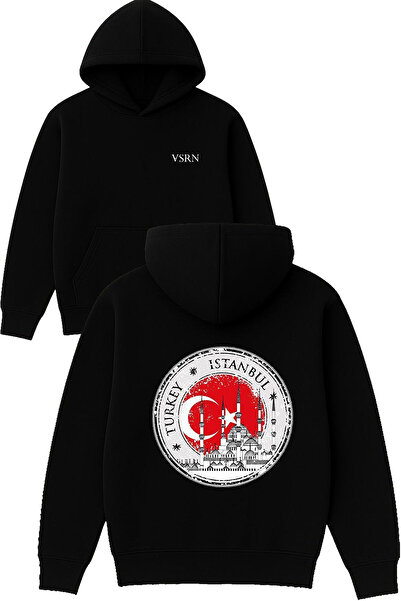 VSRN تركيا اسطنبول ديزاين مطبوع قصة فضفاضة سويت شيرت أسود بغطاء رأس